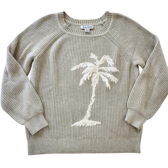 Tommy Bahama Breezy Palm Tree Sweater Womens XS Beige tan Crew Neck Long Sleeve - Picture 1 of 5
